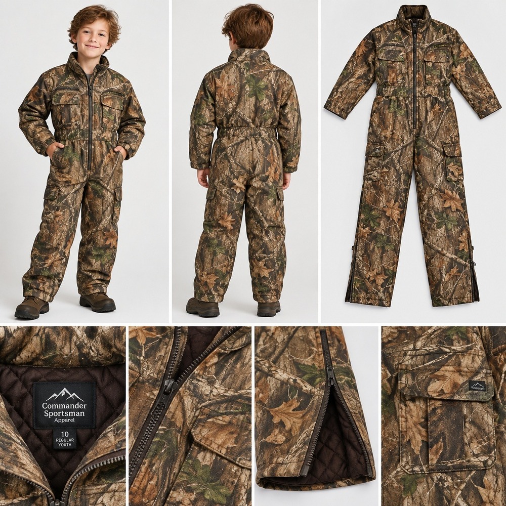 Commander Sportsman Youth 10 Camo Hunting Coveralls Quilted Lined Brown